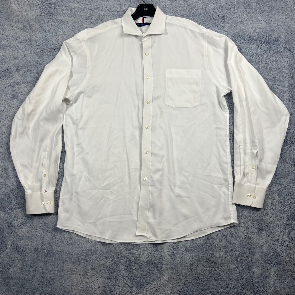 Tommy‎ Hilfiger Mens L White Button Down Shirt Herringbone Long Sleeve Dress